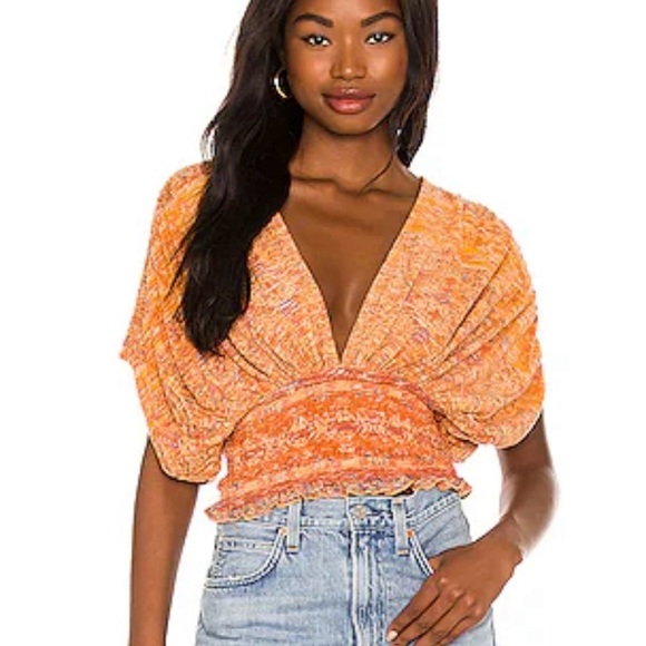 Free People Womens Next Vacation Top Smocked V-Neck Blouse Sz Small Multicolor - Picture 12 of 12